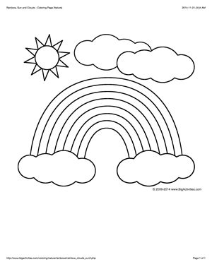 Coloring page with a rainbow sun and clouds to color sun coloring pages coloring pages nature coloring pages