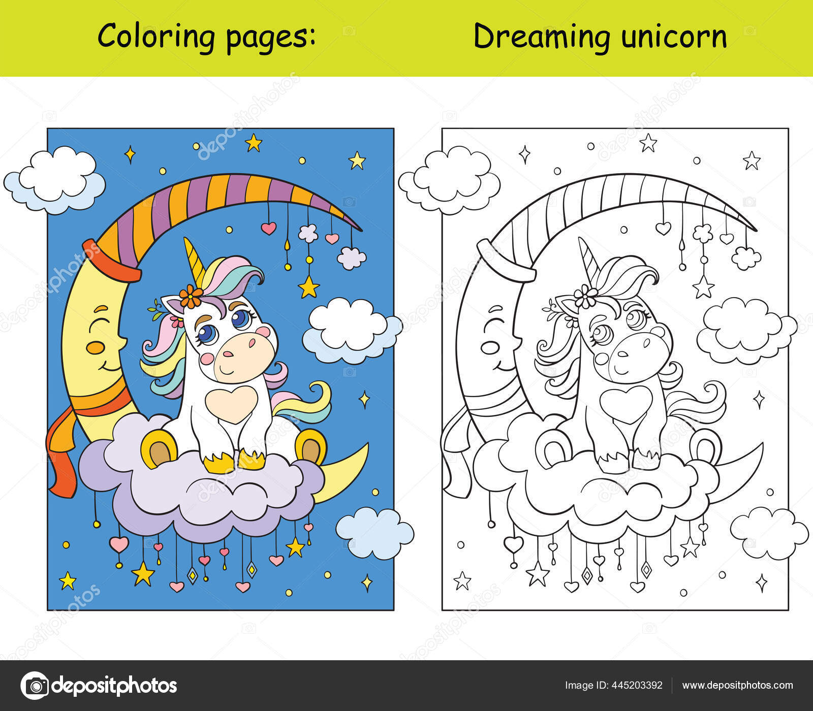 Cute unicorn baby sitting cloud moon stars coloring book page stock vector by alinart