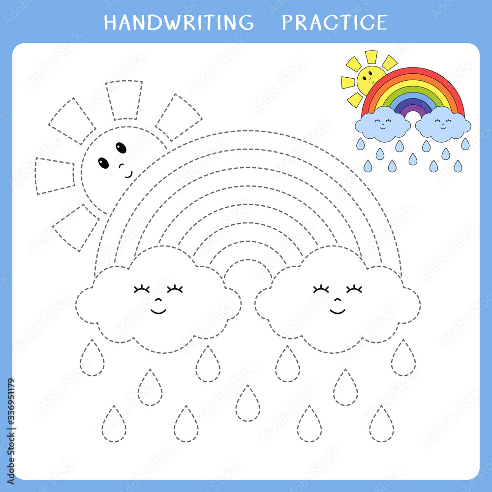 Handwriting practice sheet illustration of rainbow raindrops cute clouds and the sun for coloring book simple educational game for kids illustration