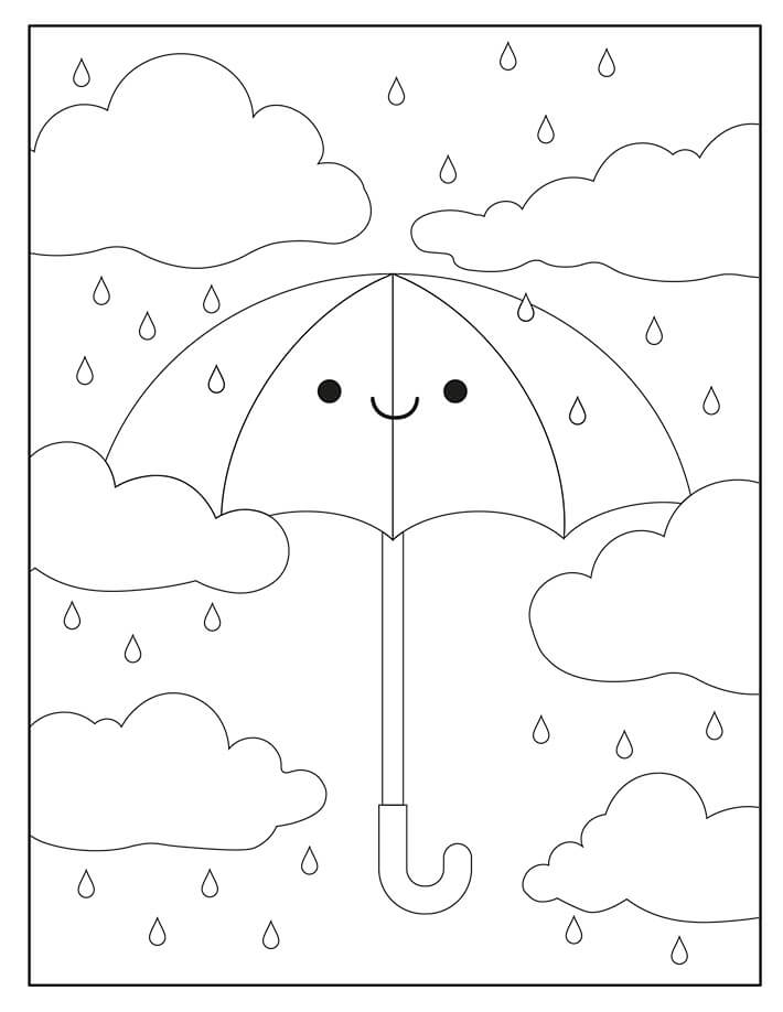 Smiling umbrella with clouds and raindrops coloring page