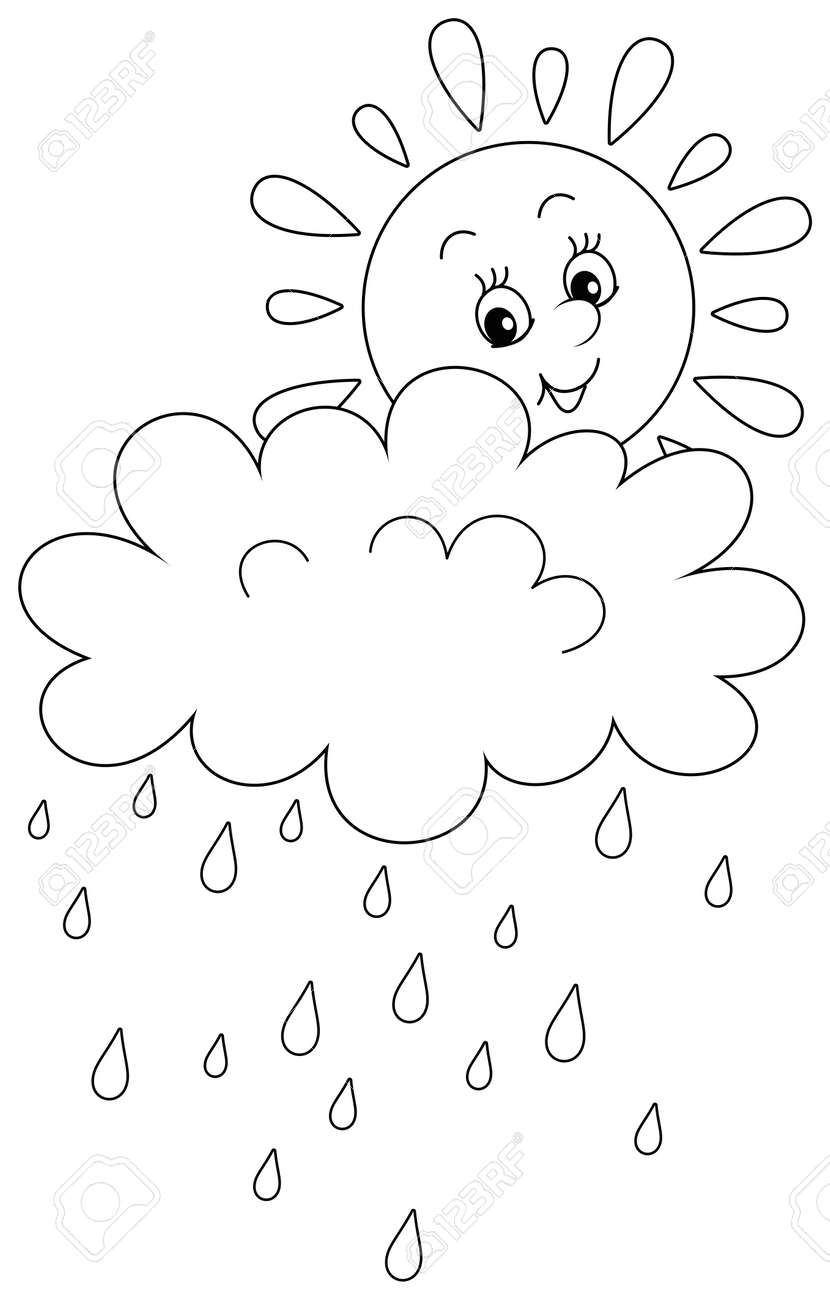 Cute friendly smiling sun and a rain cloud with falling raindrops black and white outline vector cartoon illustration for a coloring book page royalty free svg cliparts vectors and stock illustration image