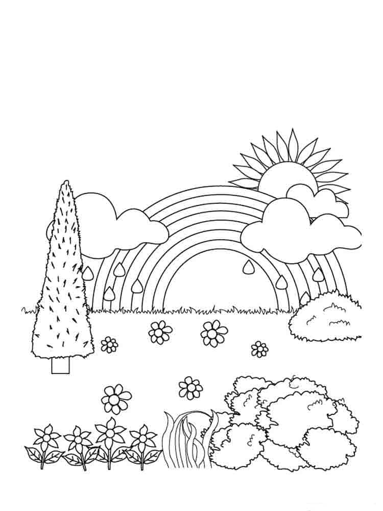 Rainbow and raindrops at the field coloring page
