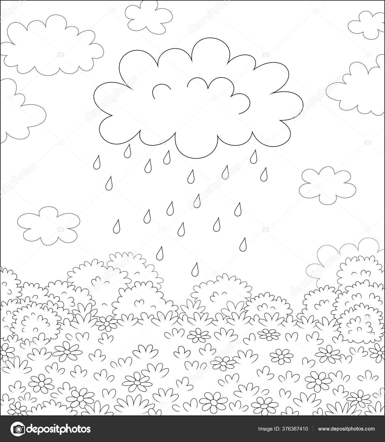 Funny plump rain cloud dripping raindrops field beautiful flowers pretty stock vector by alexbannykh