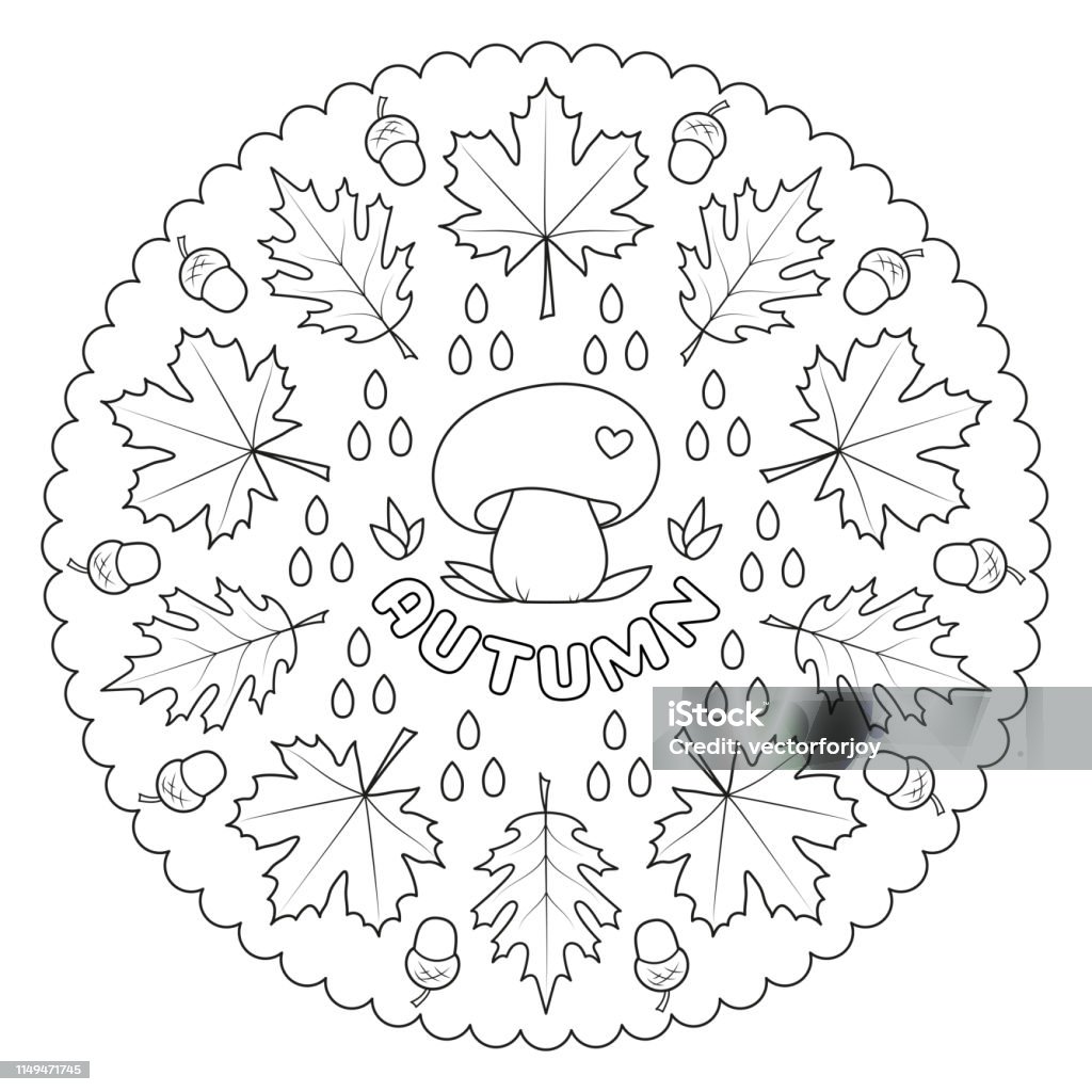 Coloring page mandala for kids with autumn leaves mushroom raindrops and acorns vector illustration stock illustration