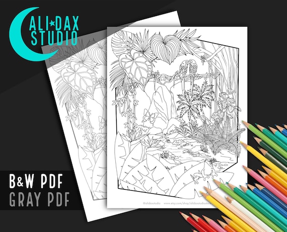 Rainforest scenery printable coloring page for adults kids hand drawn instant download pdf blackwhite and grayscale digital art