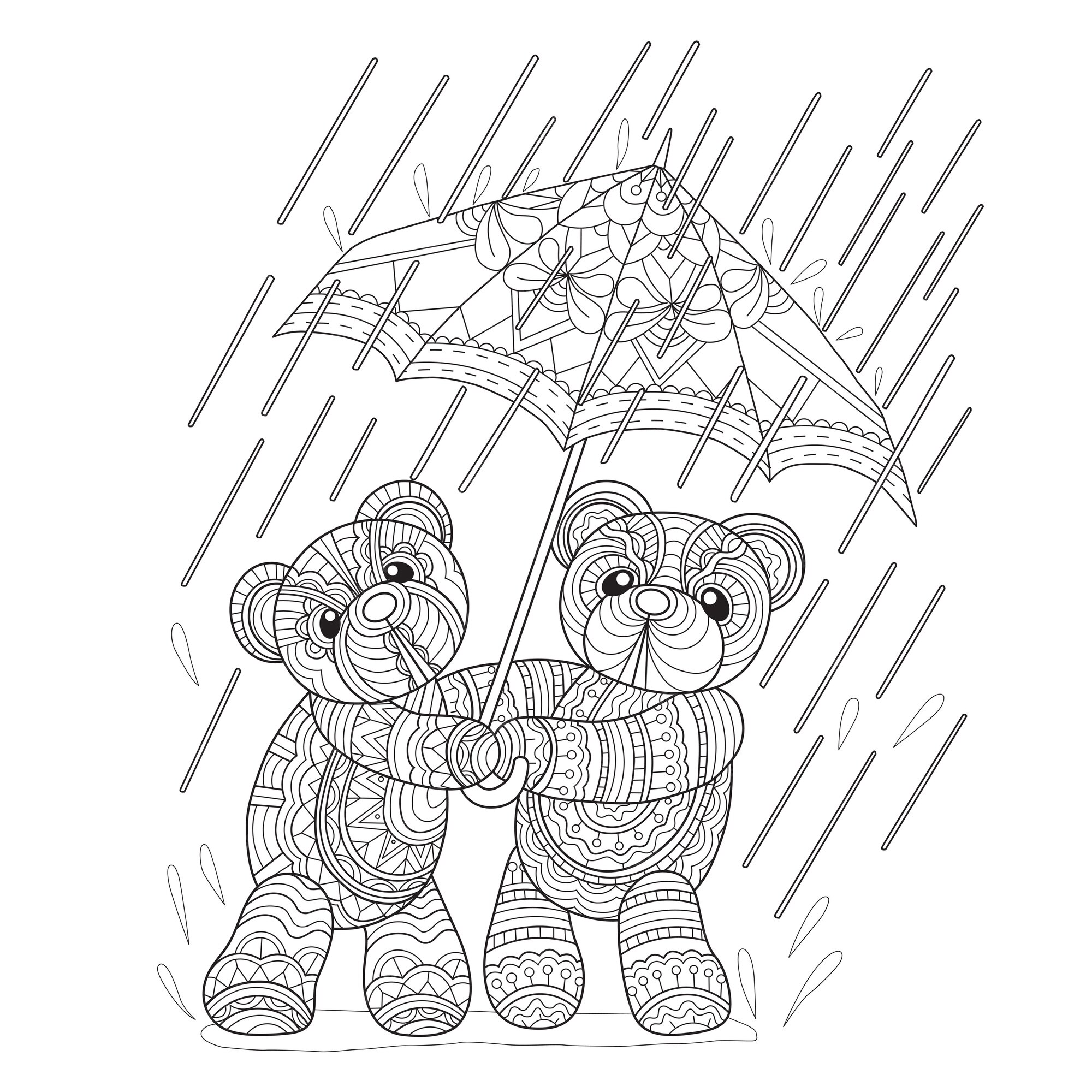 Premium vector teddy bears in raining day in zentangle style