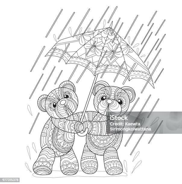 Hand drawn illustration of teddy bears and tree house in doodle style stock illustration