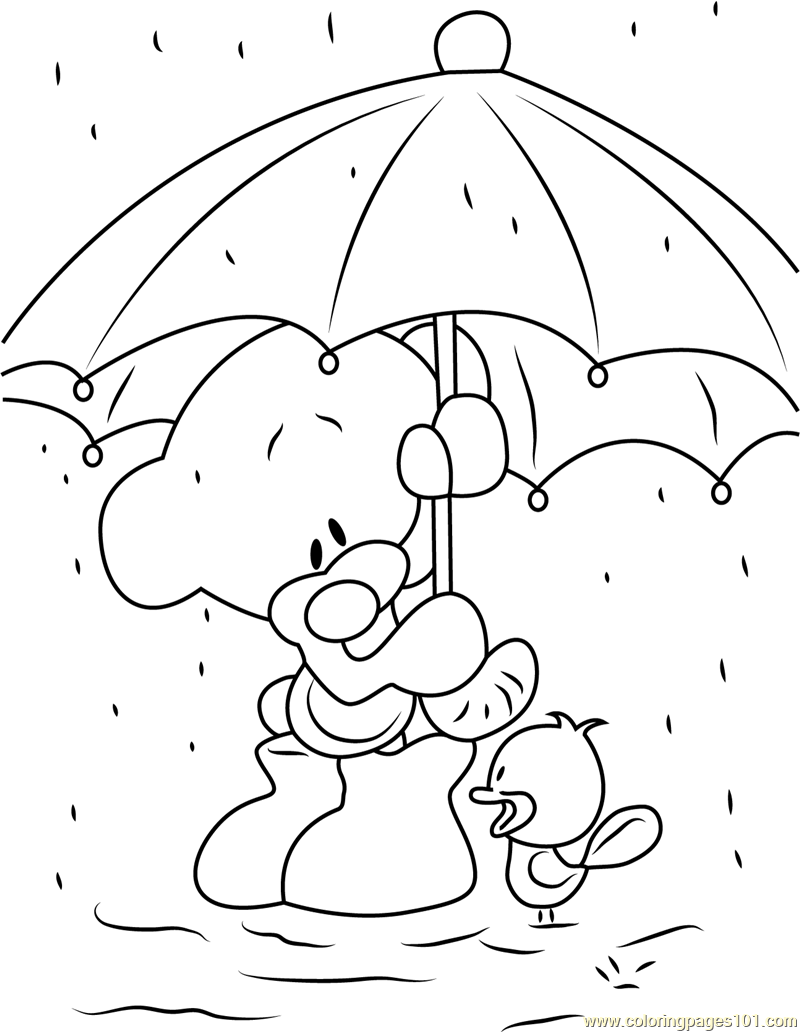 Pimboli bear stand in rain coloring page for kids
