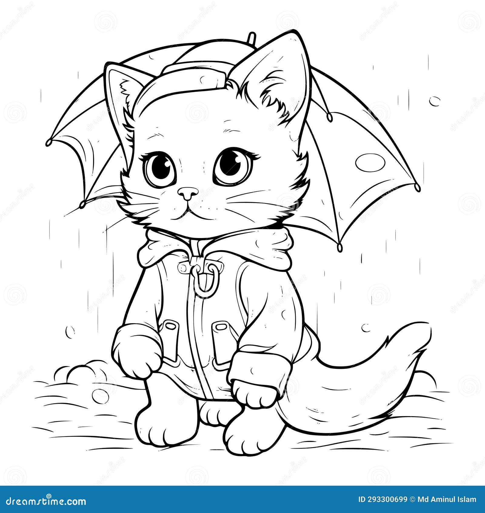 Cat in rainy day coloring page for kids stock vector
