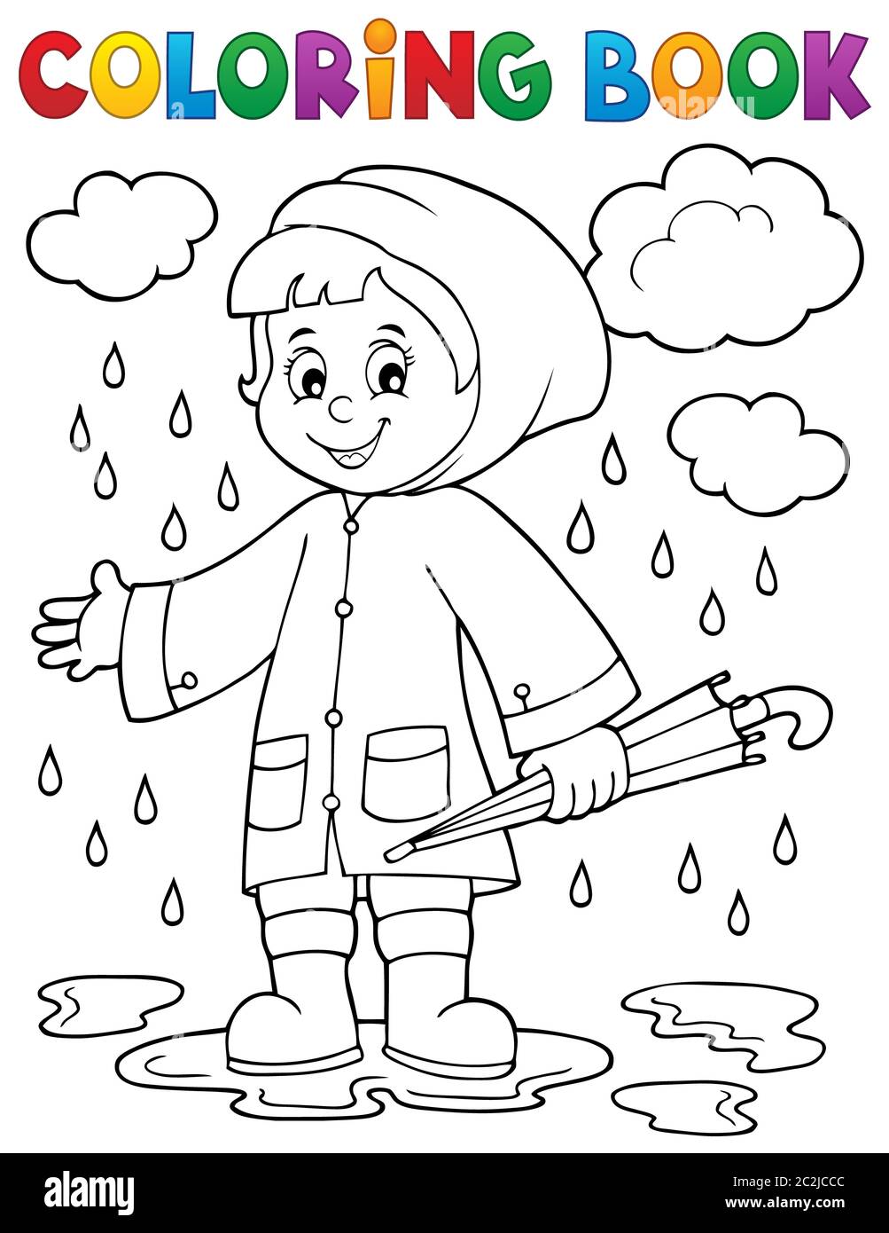 Coloring book girl in rainy weather