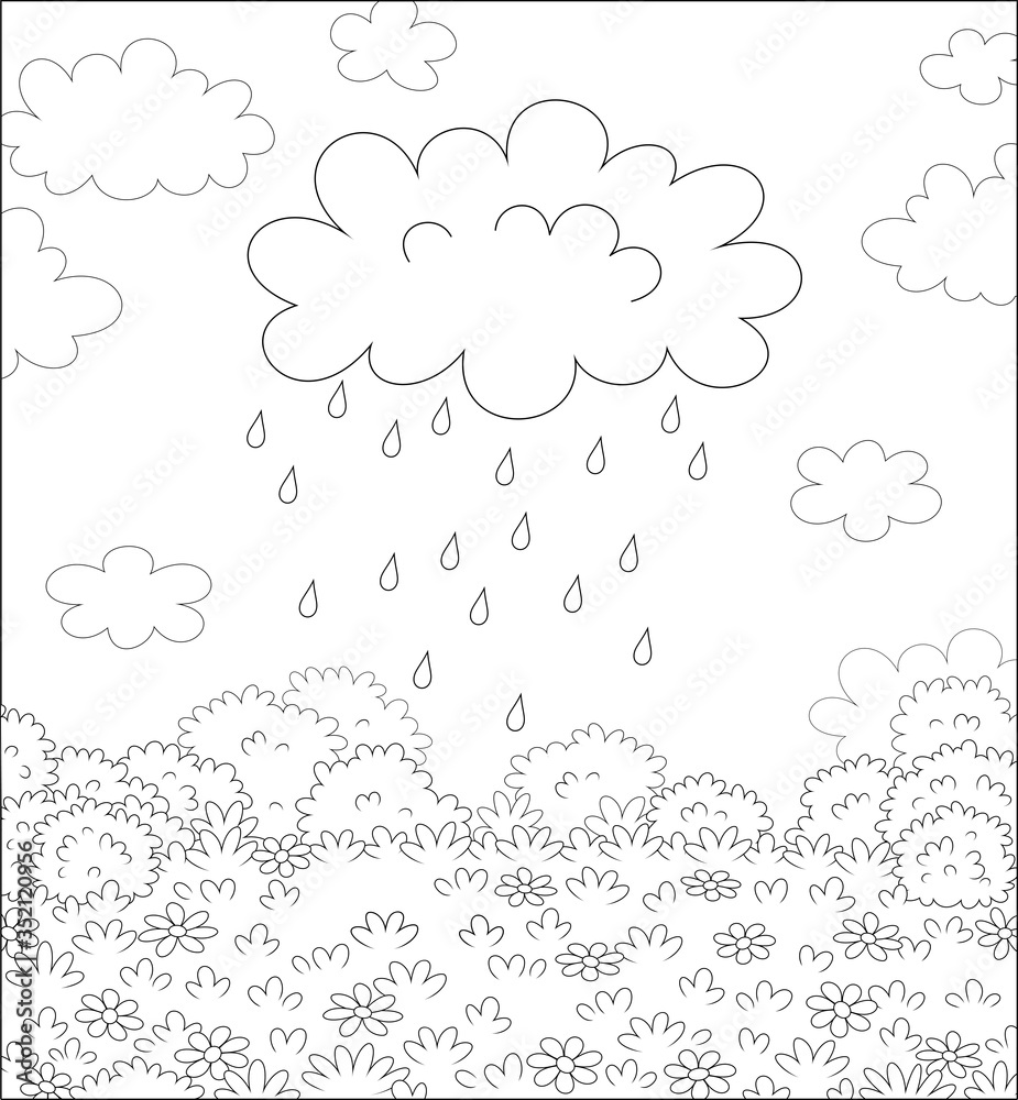 Funny plump rain cloud with dripping raindrops over a field with beautiful flowers on a pretty summer rainy day black and white vector cartoon illustration for a coloring book page vector
