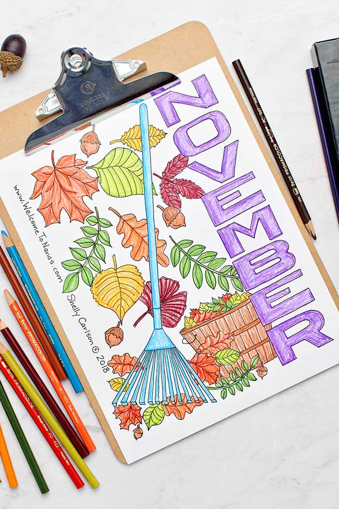 Raking up leaves november coloring page