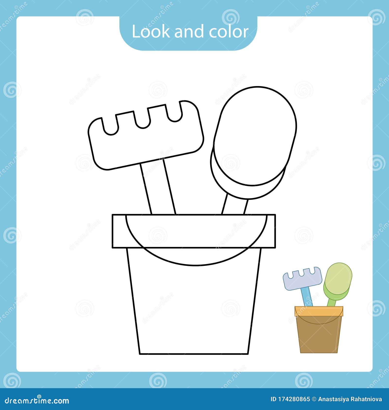 Coloring page outline of shovel and rake in a bucket toy with example stock vector