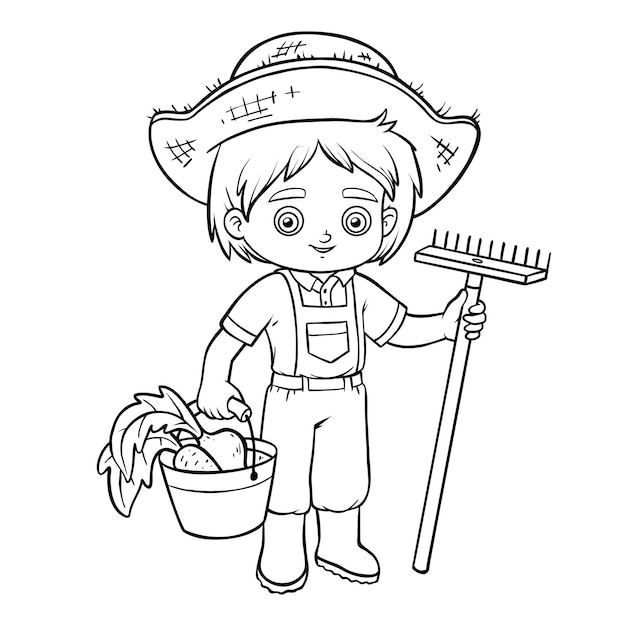 Premium vector coloring book for children farmer boy with rake and bucket