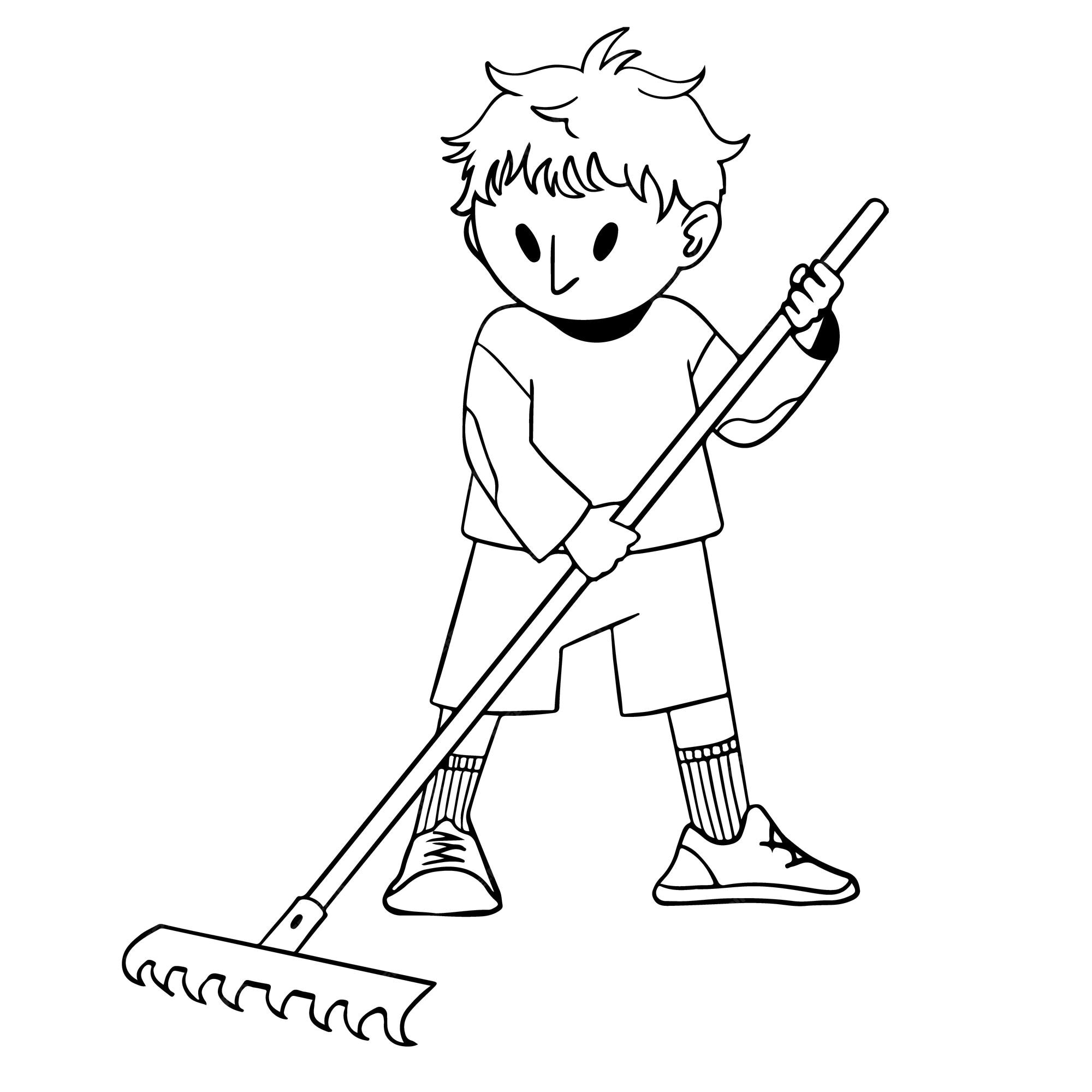 Premium vector cute boy with a rake isolated vector illustration in cartoon style