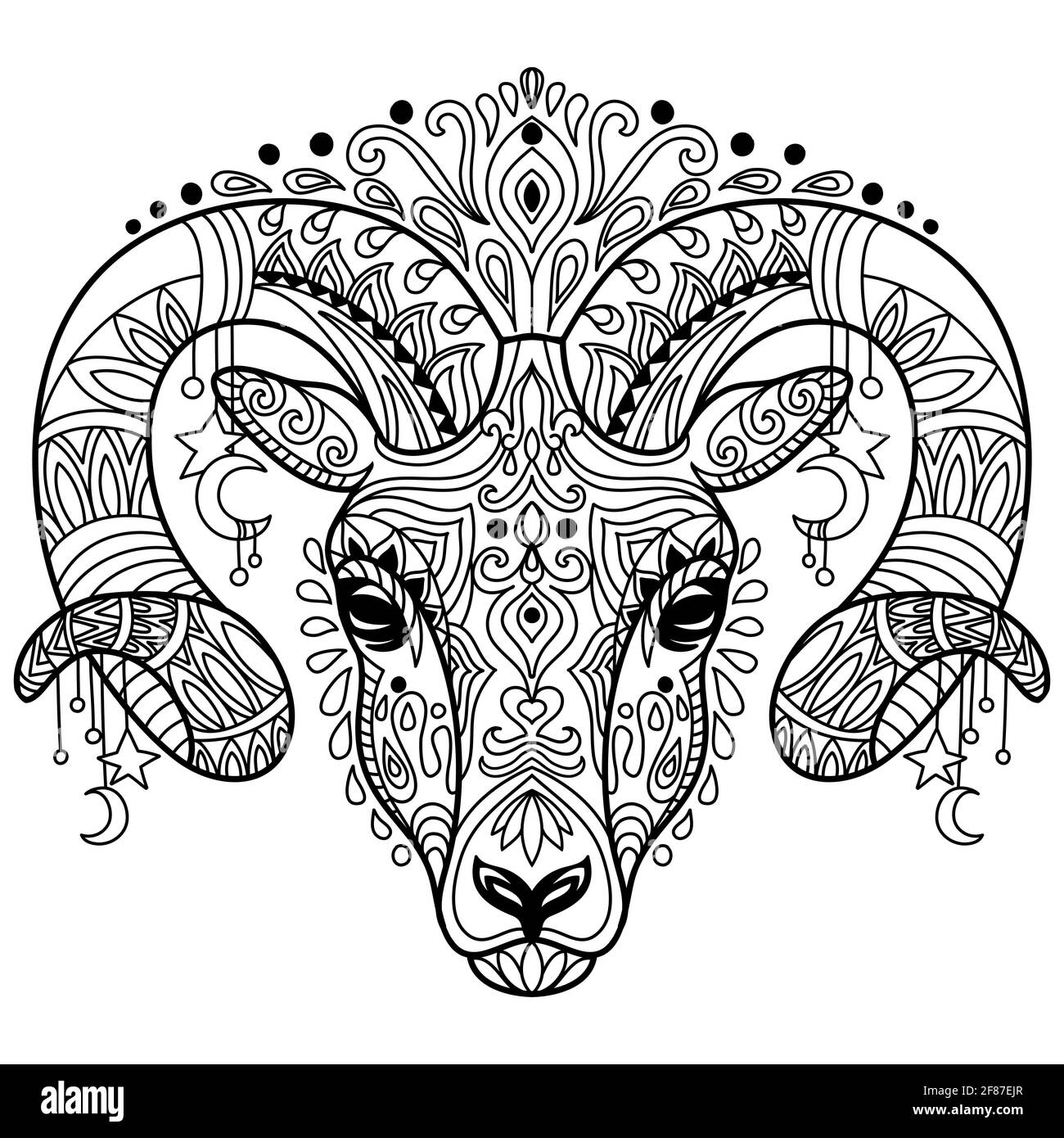 Head of ram abstract vector contour illustration isolated on white background for adult anti stress coloring book page with doodle and zentangle ele stock vector image art