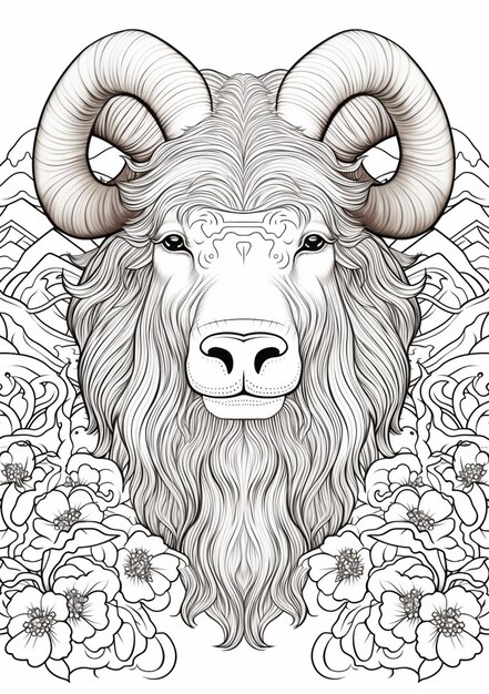 Premium ai image a coloring page with a ram head and flowers generative ai
