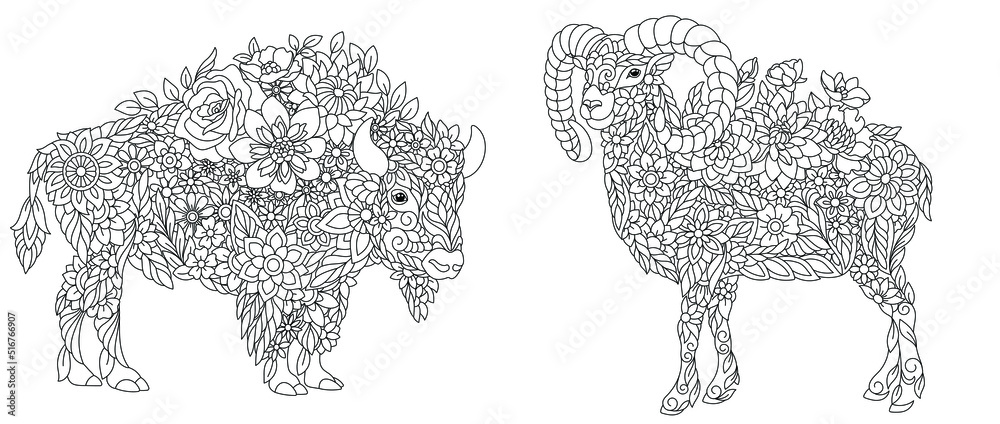 Bison and ram coloring pages vector