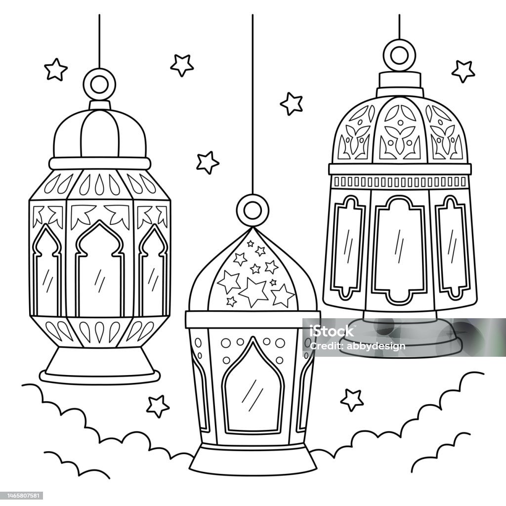 Ramadan lantern coloring page for kids stock illustration