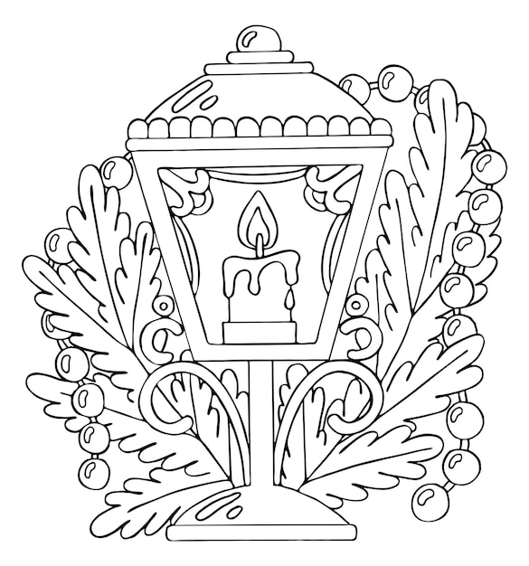 Premium vector christmas coloring page lantern with a burning candle with fir branches and decorations hand drawn line art winter vector illustration happy holiday