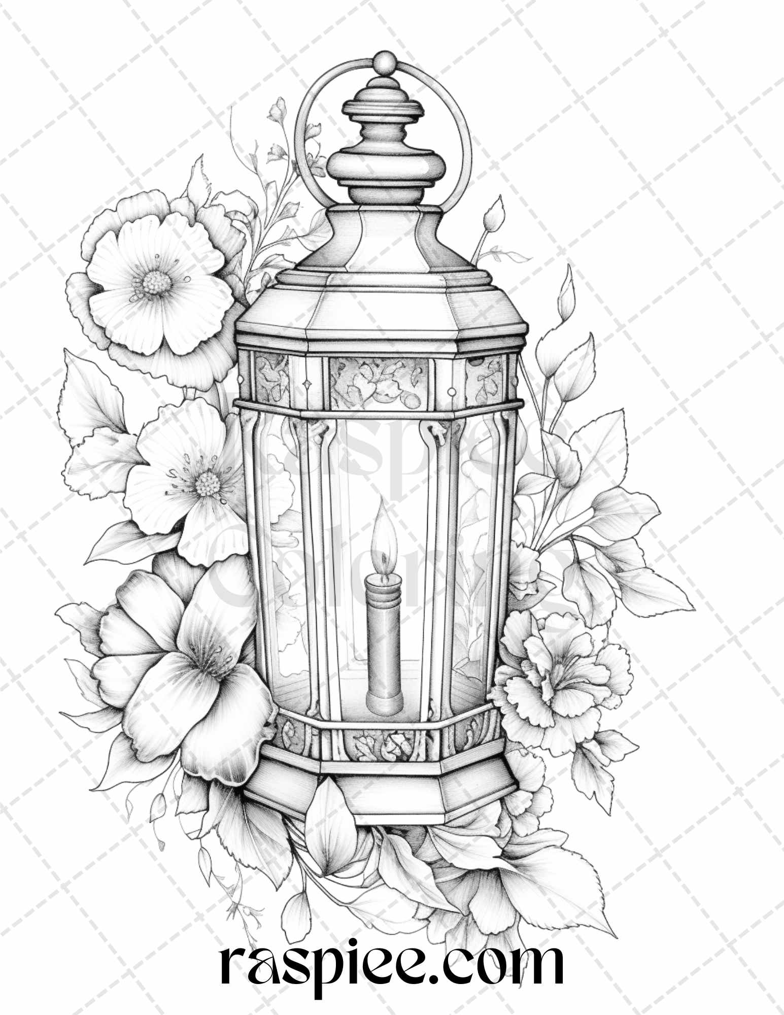 Vintage lantern flower grayscale coloring pages printable for adult â coloring