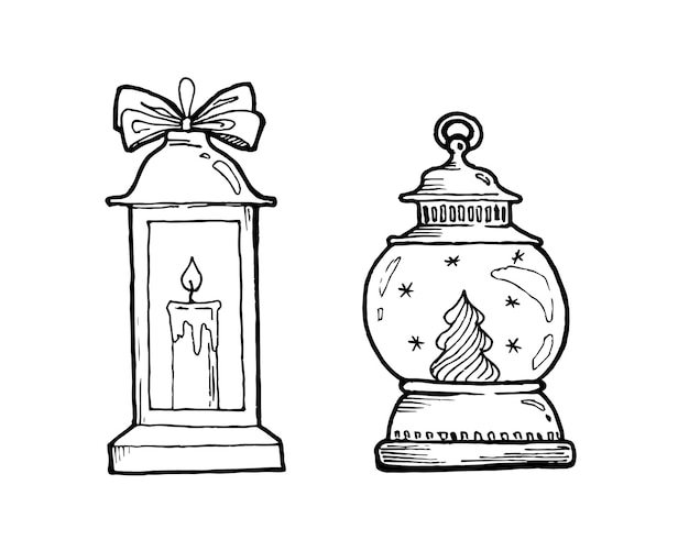 Premium vector black and white image of a new years decor a lantern and a snow glass ball a coloring book