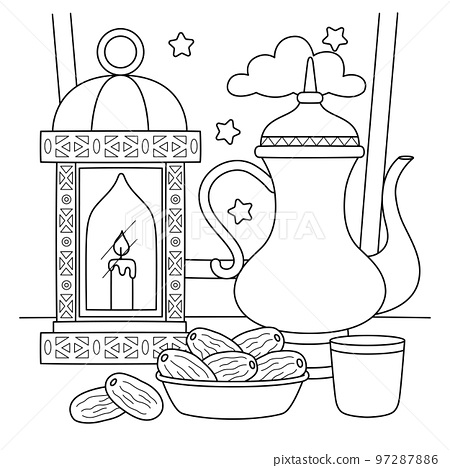 Ramadan lantern tea and dates coloring page