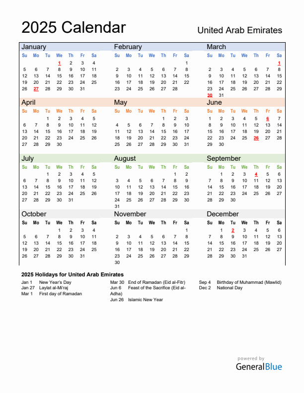 Annual calendar with united arab emirates holidays