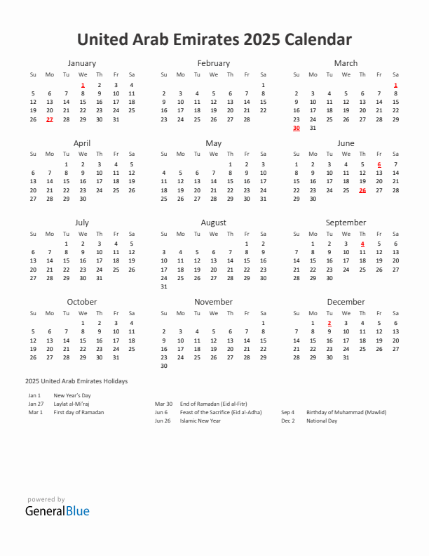 Yearly calendar printable with united arab emirates holidays