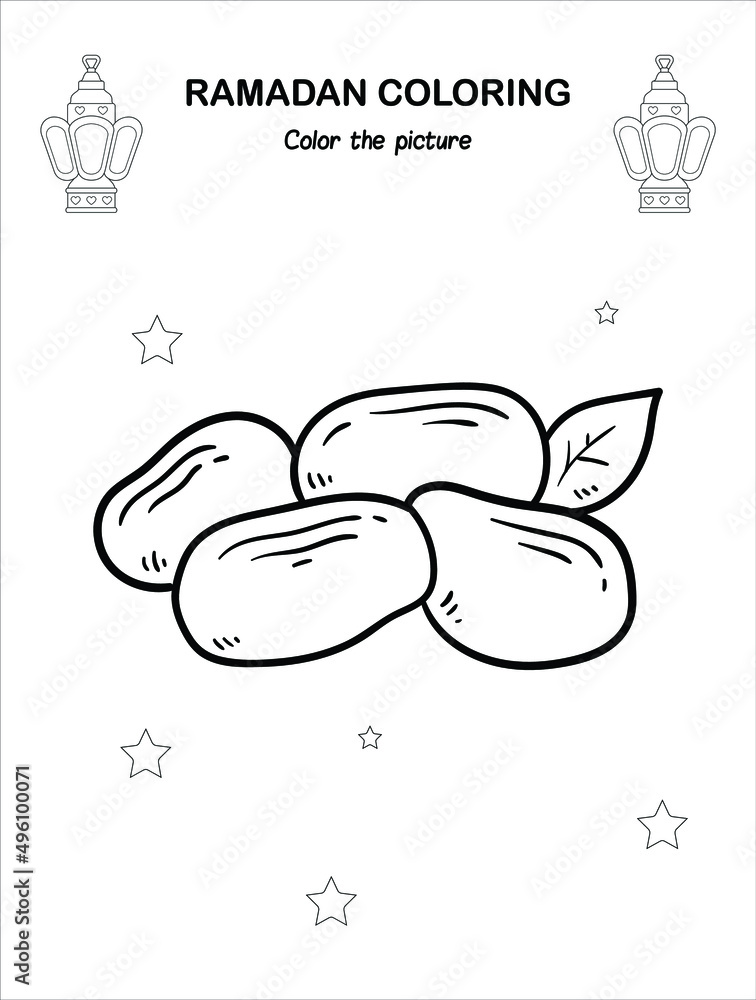 Dates fruit ramadan children coloring book pages islamic month ramadan worksheet sketch outline black and white pages kids education vector illustration vector