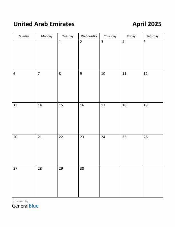 Free printable april calendar for united arab emirates