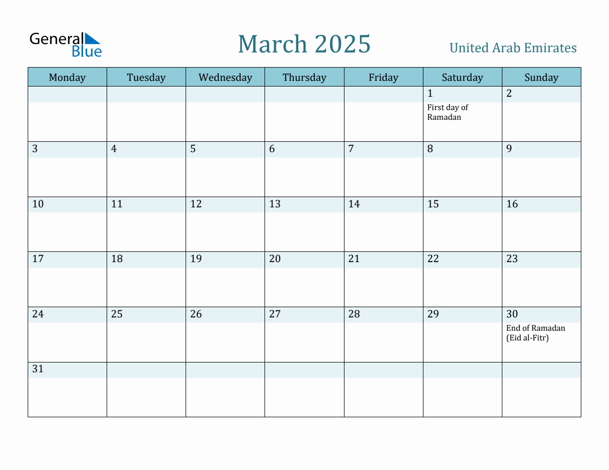 United arab emirates holiday calendar for march