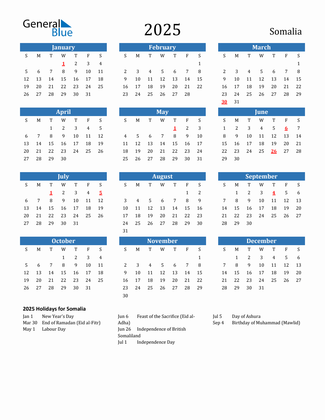 Somalia calendar with holidays