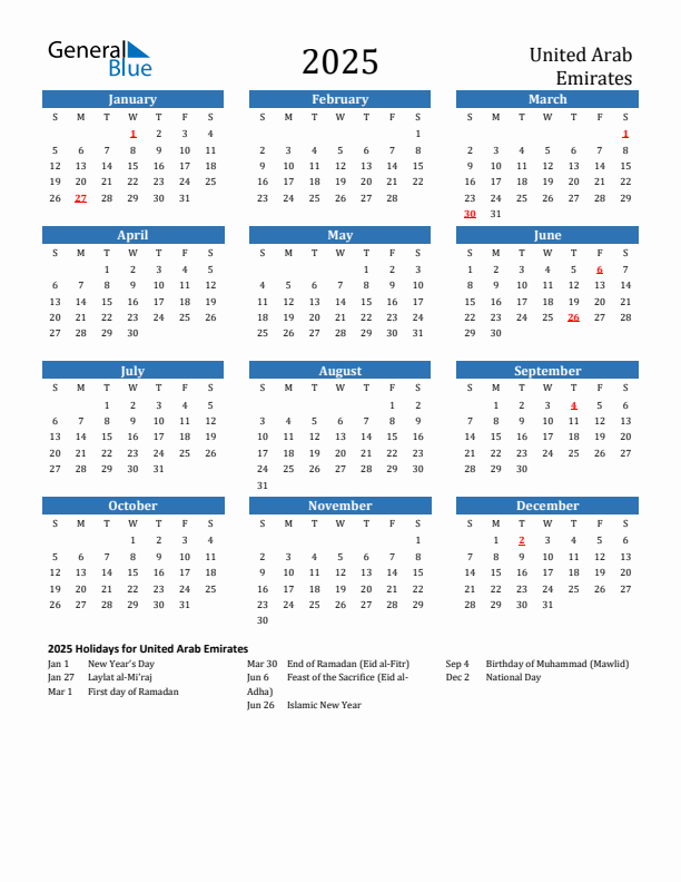United arab emirates calendar with holidays