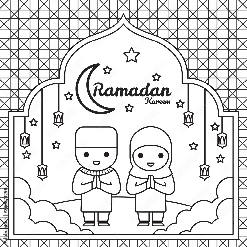 Ramadan kareem two small children coloring pages are the crescent moon the lanterns the twinkling stars traditional ramadan celebration free hand drawing sketches for childrens coloring books