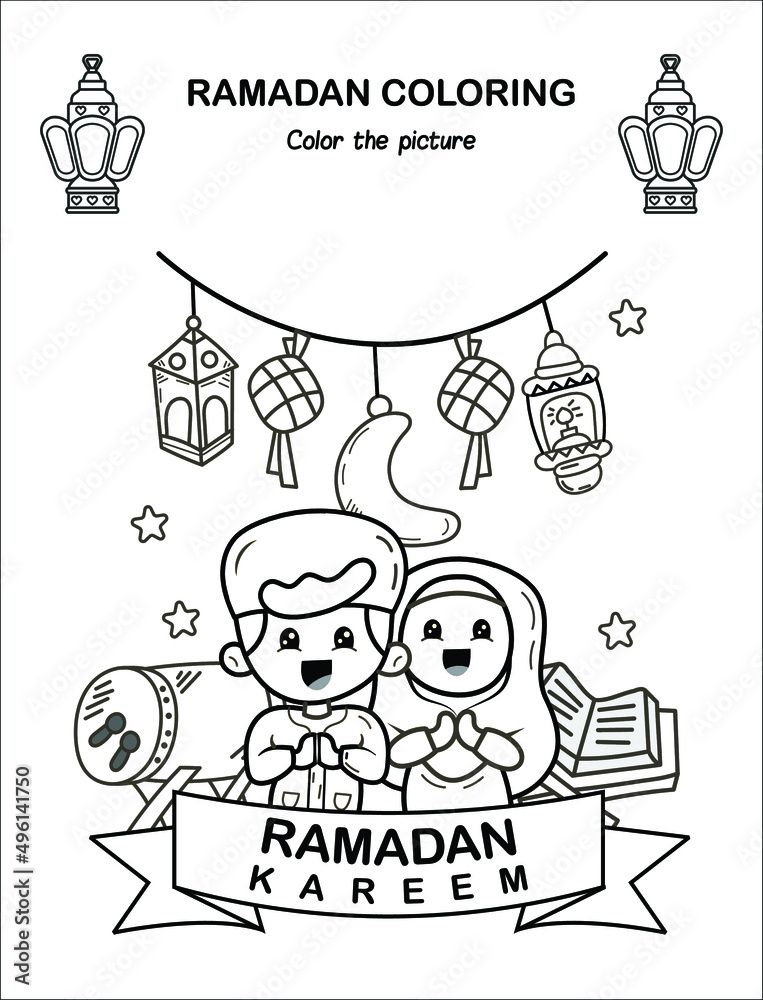 Beautiful islamic couple cartoon vector ramadan children coloring book pages islamic month ramadan worksheet sketch outline black and white pages kids education vector illustration vector