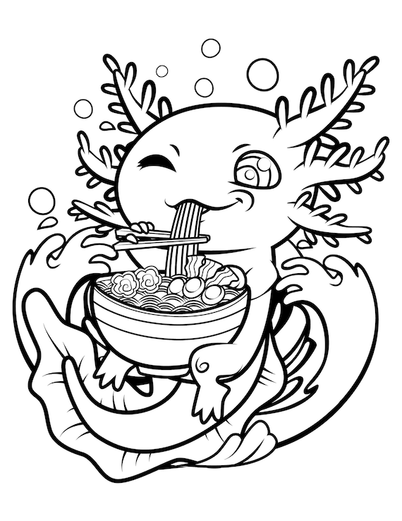 Cute axolotl ramen coloring page digital download axolotls kawaii kids axolotls printable