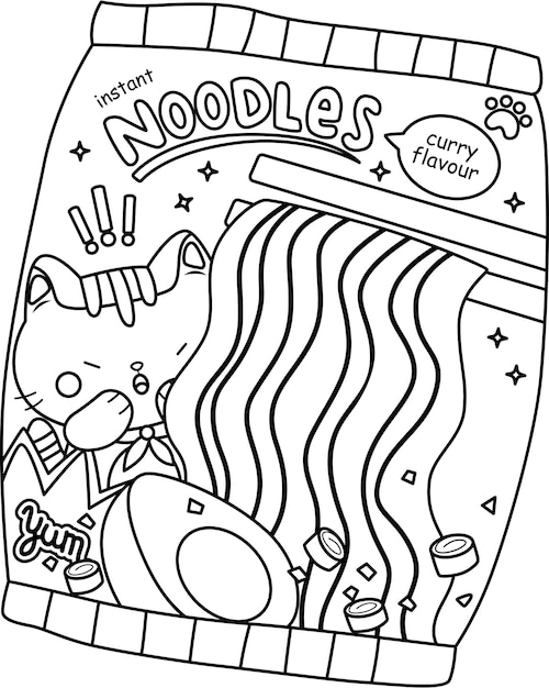 Premium vector a vector of instant ramen packaging with a cat design in black and white coloring