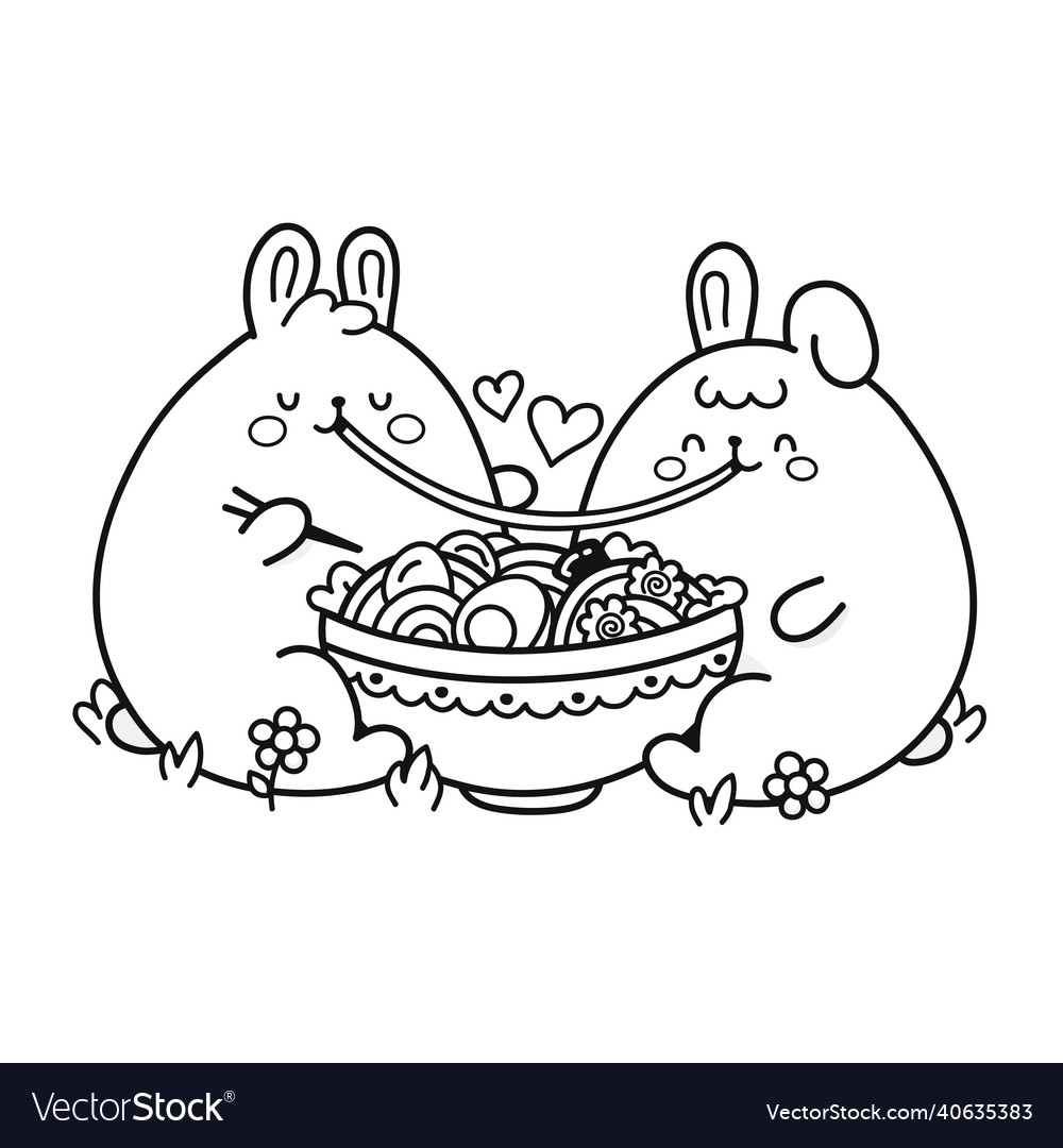 Cute happy funny rabbits couple eat ramen from vector image