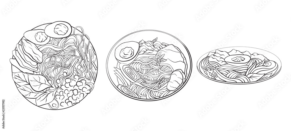 Contour black and white cartoon illustration of ramen in different angles noodles vector element for the menu card coloring pages and your creativity vector