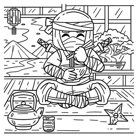 Ninja eating ramen coloring page for kids