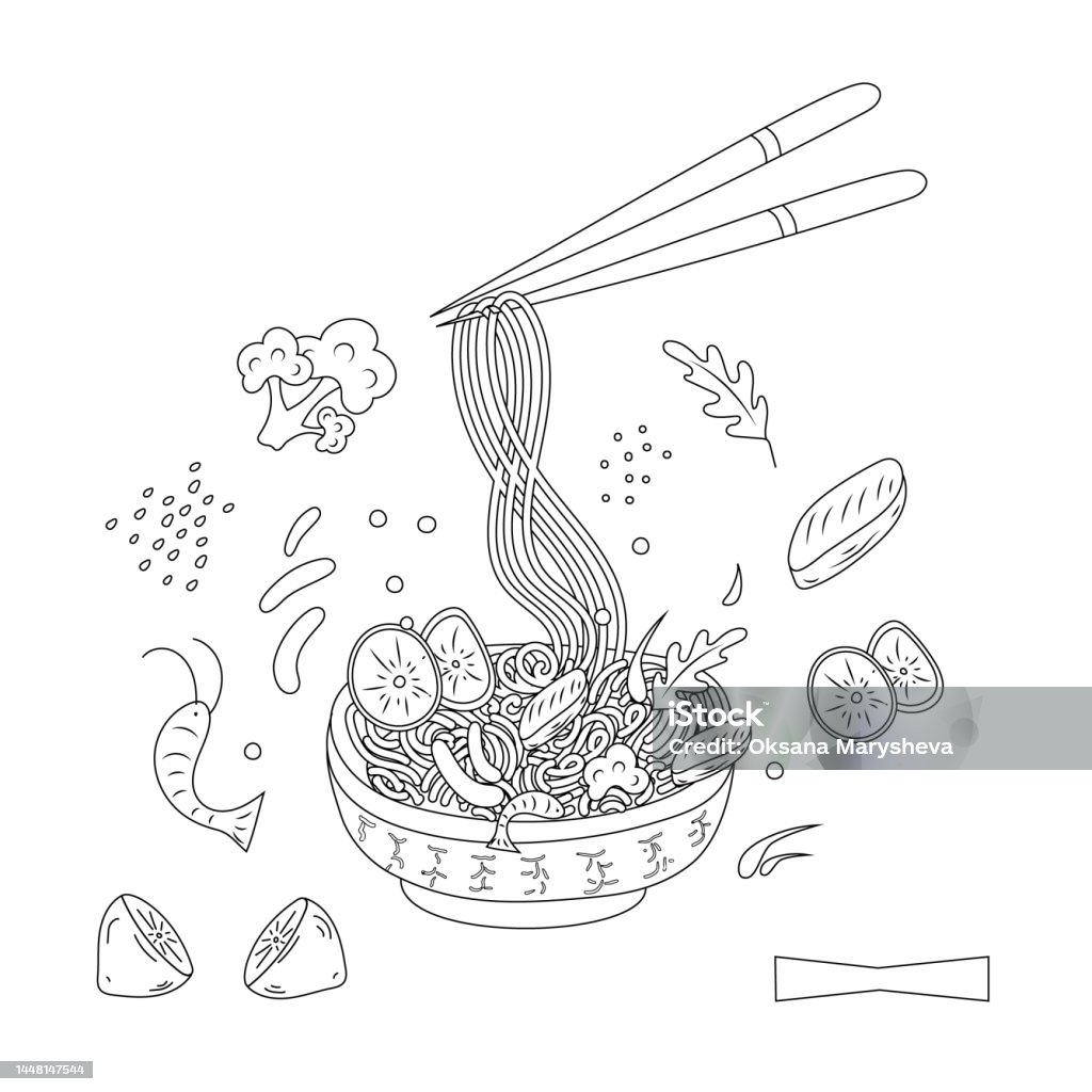 Coloring page noodles and ingredients shrimps lemon vegetables asian food vector illustration stock illustration