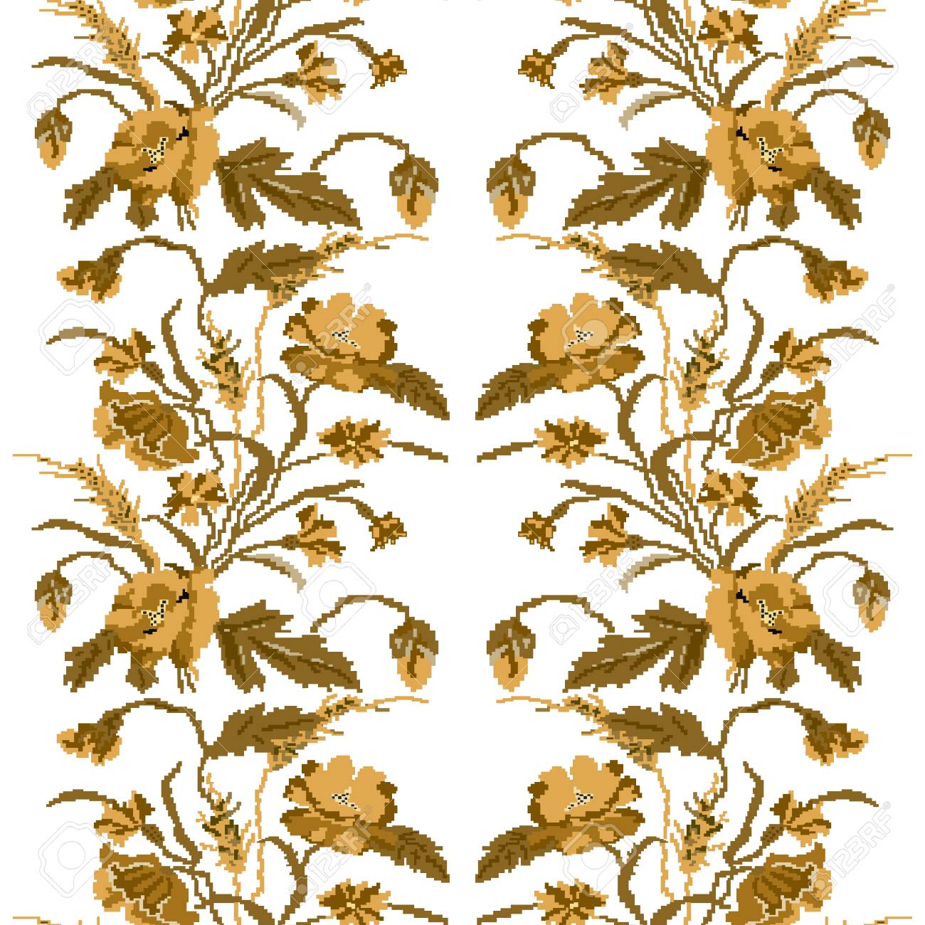 Color bouquet of flowers poppiesears of wheat and cornflowers brown tones ukrainian embroidery elements hand made seamless pattern can be used as pixel