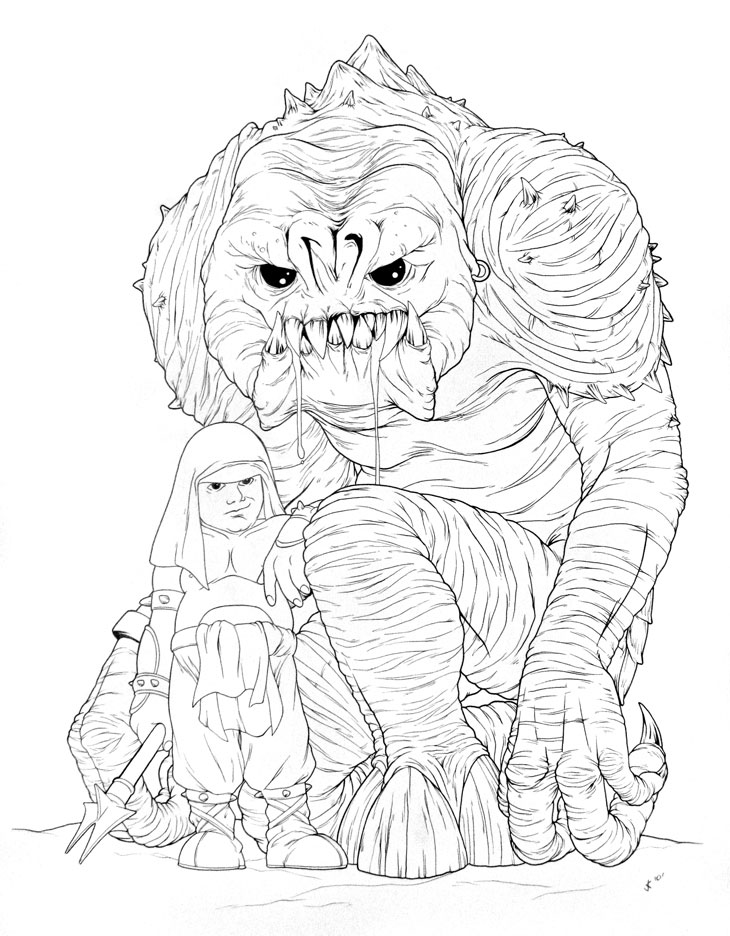Cute rancor and keeper ink drawing by jeff confer mighty jabbas collection
