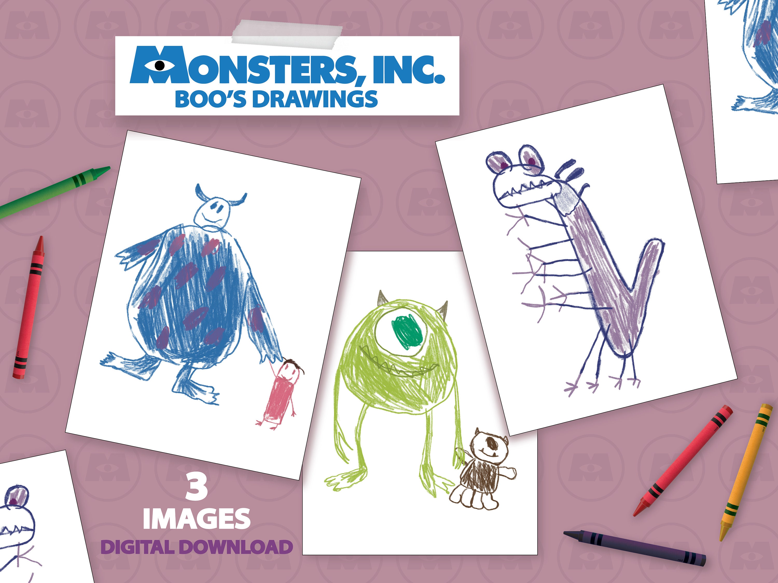 Monsters inc boos drawings of sully mike randall print from home digital download party decoration printables