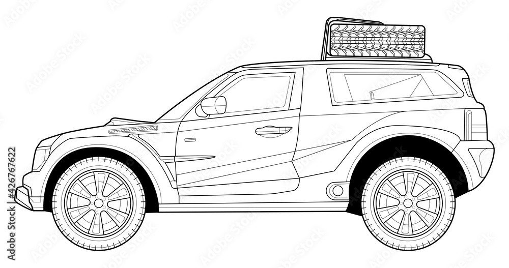 Coloring page for book and drawing concept vector illustration offroad drive vehicle graphic element car wheel black contour sketch illustrate isolated on white background vector