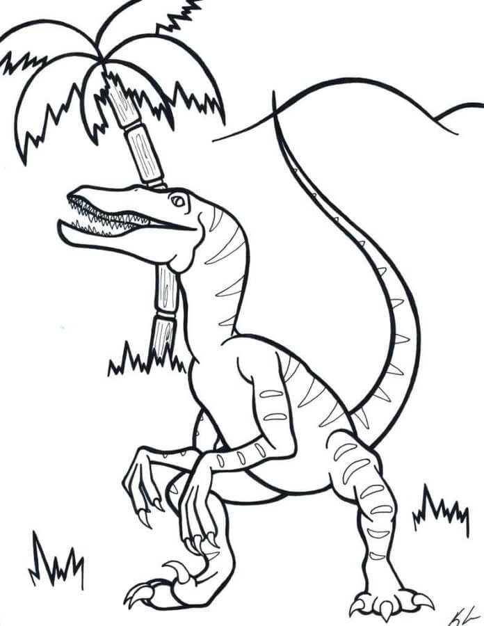 Velociraptor looks at a palm tree coloring page