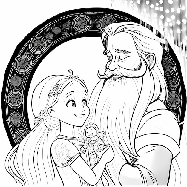 Premium ai image rapunzels magical christmas coloring page with santa claus and tangleds princess