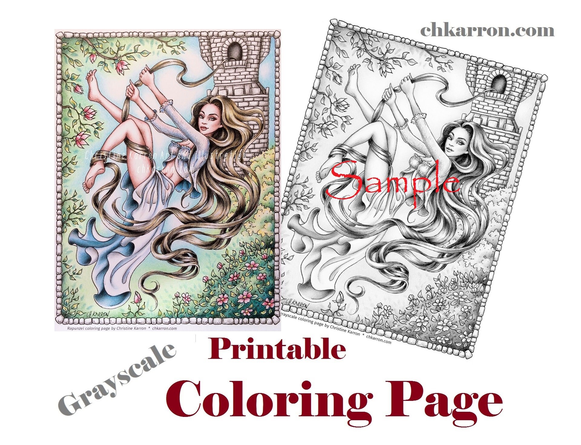 Grayscale coloring page rapunzel illustration instant download printable file