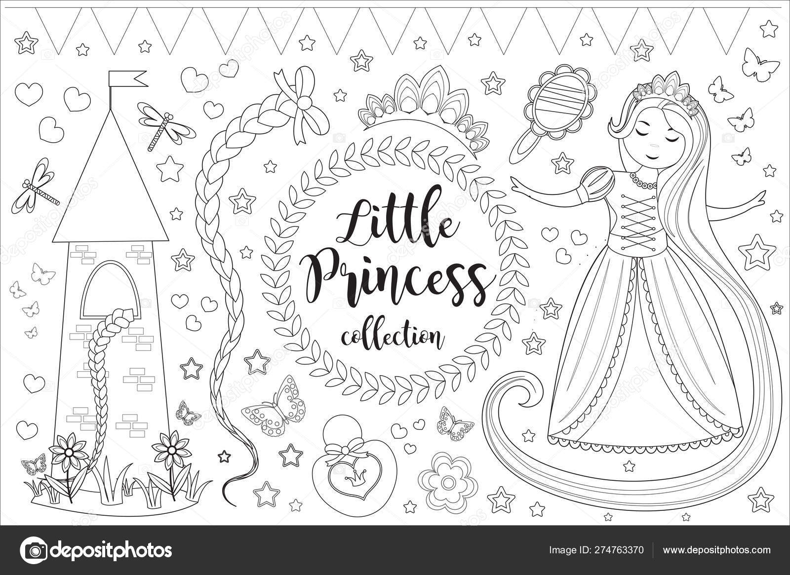 Cute little princess rapunzel set coloring book page for kids collection of design element sketch outline doodle style kids baby clip art funny smiling kit vector illustration stock vector by amelie